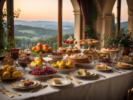 Wedding banquet table with fruit and croissants at sunsetの素材