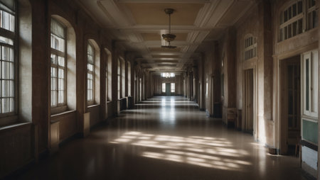 Interior of a long corridor with light and shadows from the windowsの素材