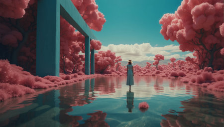Surreal 3d illustration of a girl standing in an otherworldly fantasy Environmentの素材