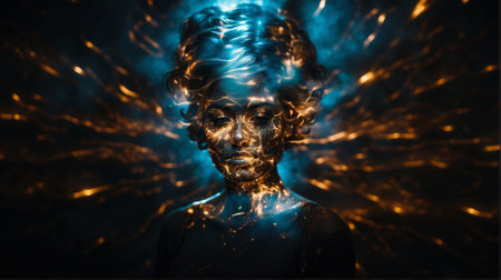 Futuristic portrait of a woman with a glowing face. 3d renderingの素材