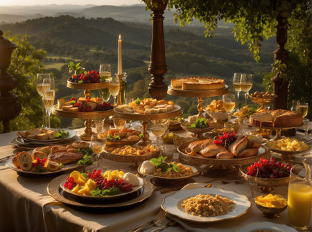 Wine and snacks served on the table in a vineyard.の素材
