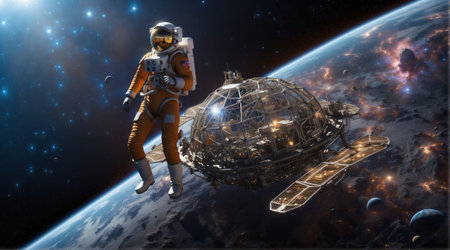 Astronaut in outer space. Science fiction. 3D renderingの素材