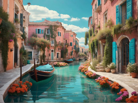 Venice canal with gondola, Italy. Digital painting.の素材