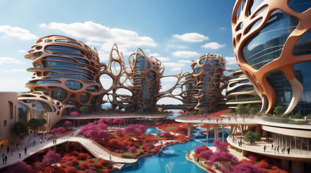 Abstract 3D rendering of a futuristic city with skyscrapers and a riverの素材