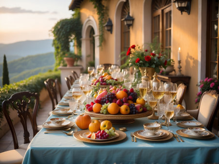 Table set for wine tasting in vineyard at sunset, Italy.の素材