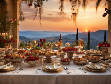 Wedding table with variety of food and drinks at sunset.の素材