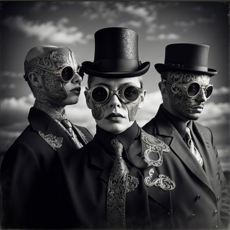 Three man in carnival masks and top hat on cloudy sky backgroundの素材