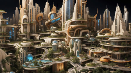 3d illustration of a futuristic city with many skyscrapers.の素材