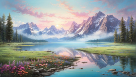 Beautiful spring landscape with mountain lake and forest at sunrise. Digital painting.の素材