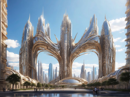 Futuristic skyscraper building in a modern fantasy City. 3D renderingの素材