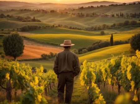 Rear view of a man with hat standing in a vineyard in Tuscany, Italyの素材