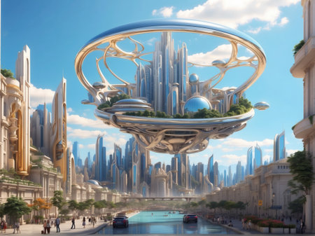 Futuristic floating city in a fantasy city.の素材