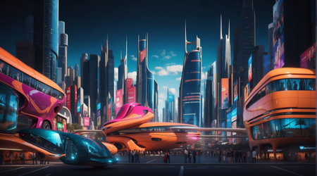 Futuristic city, with skyscrapers and abstract vehicles.の素材