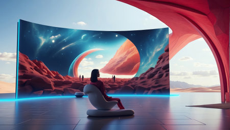3D rendering of a woman sitting on a chair in front of a screen with a fantasy landscapeの素材