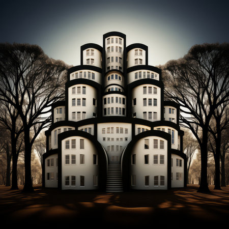 3d render of a modern apartment building in the forest with treesの素材