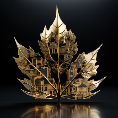 Surreal golden leaf with abstract cityscape on a black background. 3d render.の素材