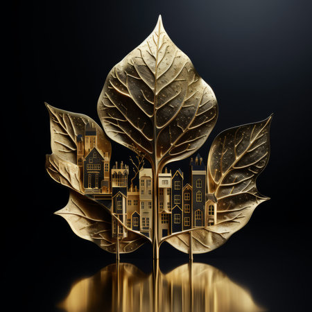 3d illustration of a golden leaf with a cityscape, isolated on black backgroundの素材
