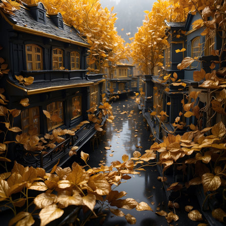 Autumn landscape with yellow leaves and houses in the village. 3d renderingの素材