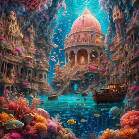 Beautiful underwater world with corals, fish and boats. 3d renderingの素材