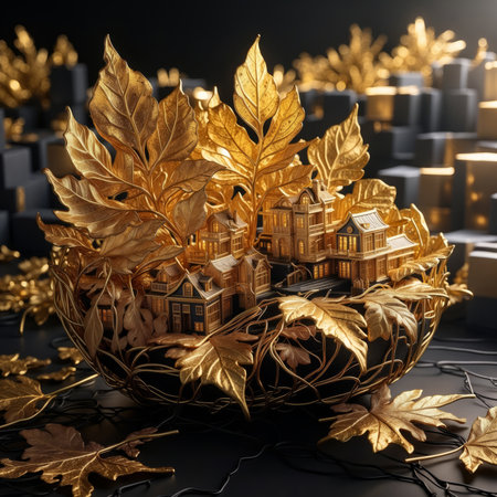 3d illustration of golden houses in a basket with golden leaves on black background.の素材