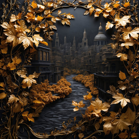 Digital painting of a city surrounded by autumn leaves in black and gold.の素材