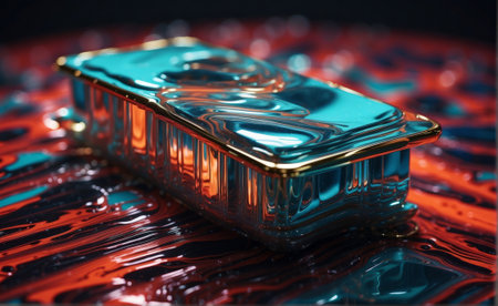 Close-up of a blue glass cube on a red background.の素材