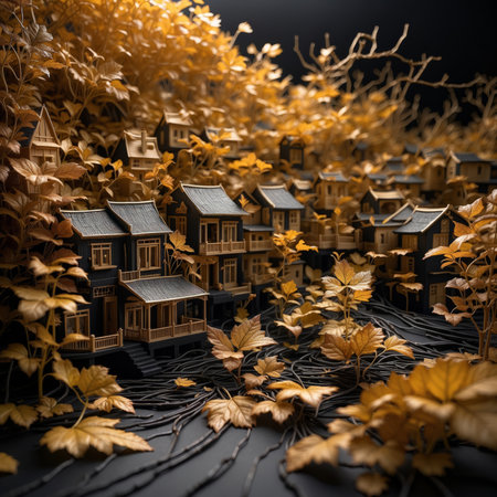 Miniature houses surrounded by autumn leaves. 3d render illustration.の素材