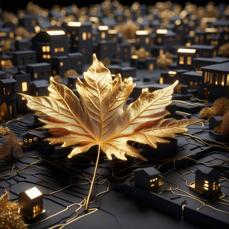 Autumn maple leaf in the miniature city. 3d render illustration.の素材