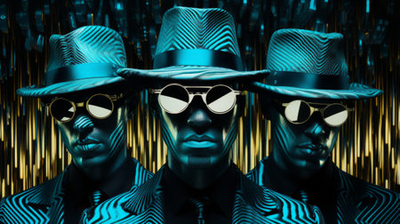 3D rendering of a group of men wearing a hat and sunglasses.の素材