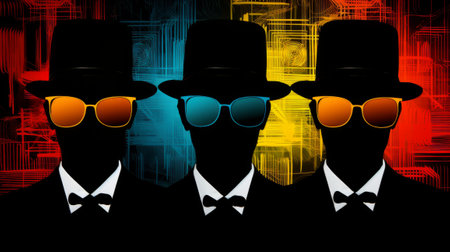 Vector illustration of a gangster with a hat and glasses on a colorful backgroundの素材