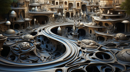 3D CG rendering of an abstract fantasy cityscape.の素材