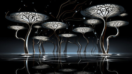 Illustration of abstract illuminated trees in the night sky with stars and reflectionの素材
