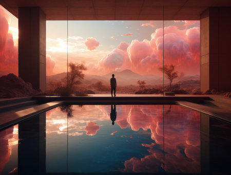 Silhouette of a man standing on the edge of a swimming pool in a modern house in a surreal landscape.の素材
