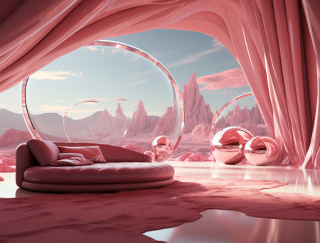3d rendering of an abstract Interior in a fantasy landscape with furniture.の素材