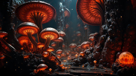 Fantasy landscape with orange glowing mushrooms. 3D illustration.の素材