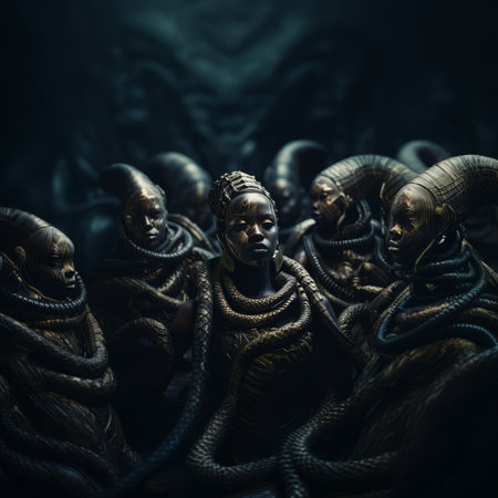 Surreal otherworldly figures with snakes. 3d illustration.の素材
