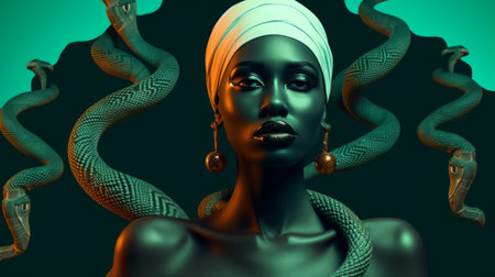 Black woman in turban and snakes on black background. 3d renderingの素材