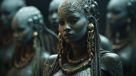 3d rendering of a group of fantasy female figures in the darkの素材