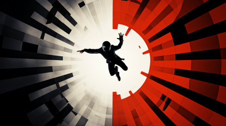 Vector Illustration of Silhouette of a man jumping against red and black stripes background.の素材