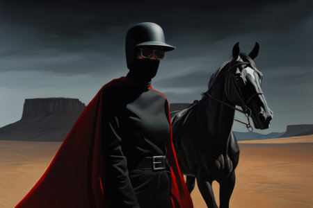 Surreal Figure with a black horse in the desert. 3d Illustration.の素材