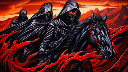 Illustration background with black riders and horses in the red flames.の素材