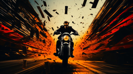 Motorcyclist riding on a motorbike on the road at night. Cartoon digital art.の素材