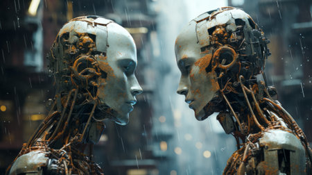 Two old robots in the rain on a dark background. 3d renderingの素材
