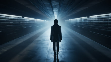 Silhouette of a woman in a dark tunnel. 3D renderingの素材