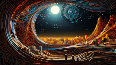 3d illustration of abstract technology background with circuit board and cityscapeの素材