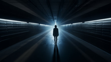 Man walking in a dark tunnel with glowing light. 3D renderingの素材