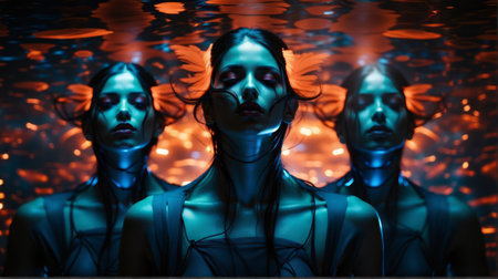 3d rendering of a female robot in a dark space with neon lightsの素材