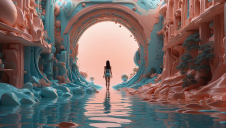 3D rendering of a female figure in the middle of a futuristic corridorの素材