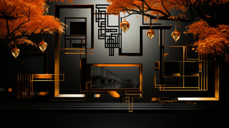 3D render of black and gold autumn background with leaves and lanternsの素材