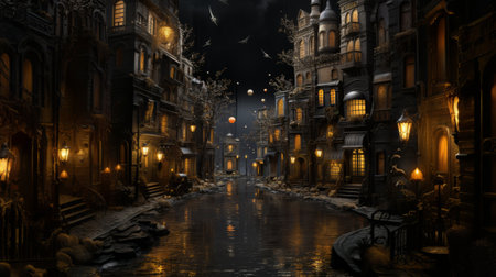 Night street with old buildings and lanterns, 3D illustration.の素材